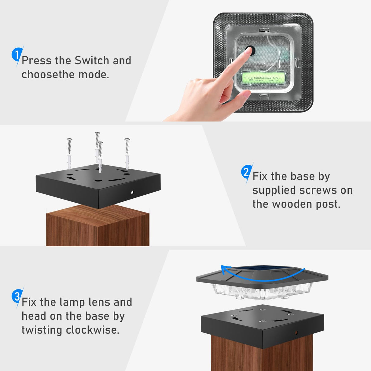 Peasur 4x4 Solar Post Cap Lights Outdoor with 3 Modes, 4 Packs LED Post Light Solar Powered Waterproof, 4x4/3.5×3.5 Wood/Vinyl Fence Posts Lights for Deck Railing Porch Mailbox Outside
