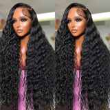 Kdmidun 28 Inch 13x6 Deep Wave Lace Front Wigs Human Hair Pre Plucked 200% Density 13x6 HD Transparent Lace Frontal Curly Wigs Human Hair Glueless Deep Curly Human Hair Wigs For Women Natural Black