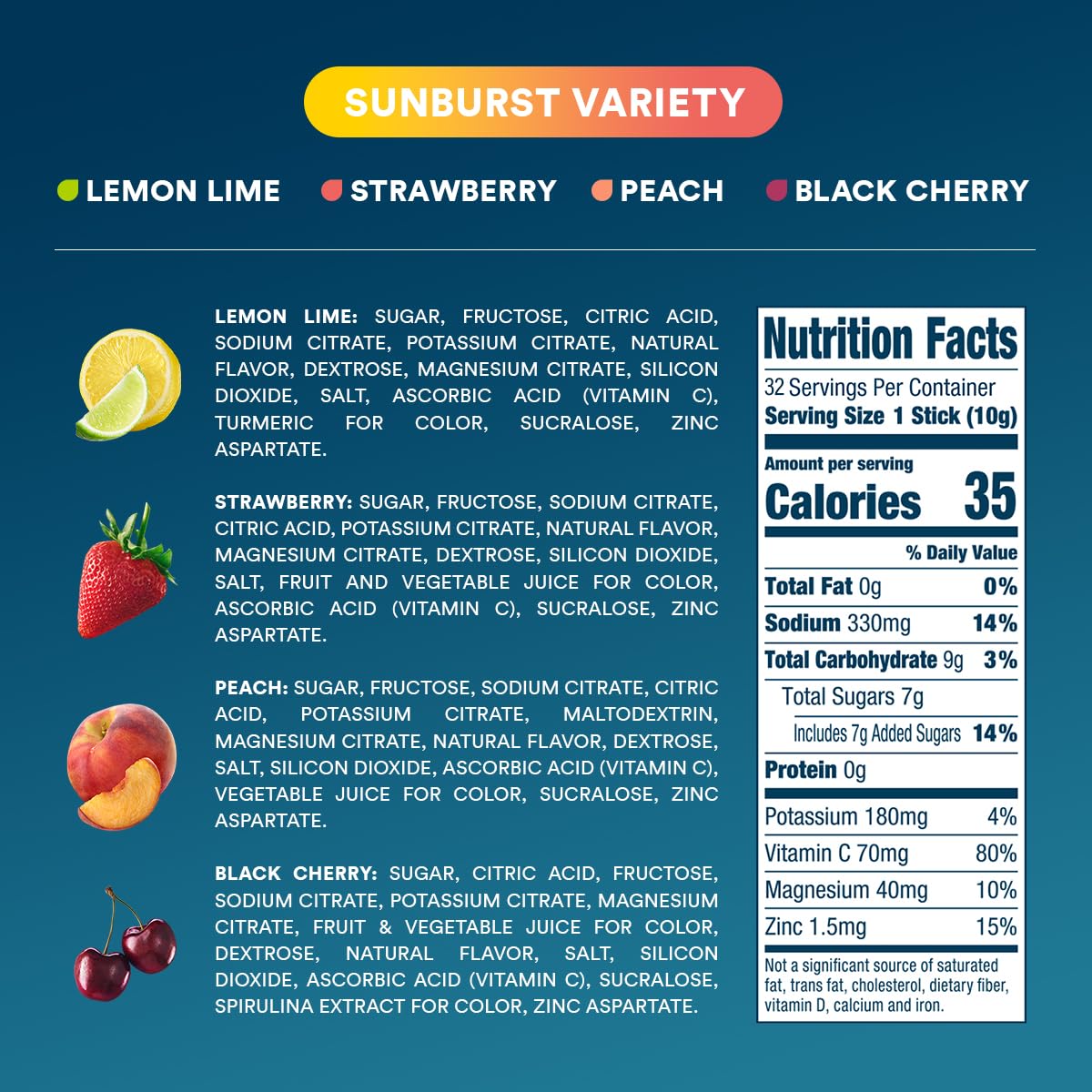 DripDrop Hydration Packets - Sunburst Variety Pack - Single Serve Electrolytes Powder Drink Mix - Lemon Lime, Strawberry, Peach, Black Cherry - Non-GMO, Gluten Free, Vegan - 32 Sticks