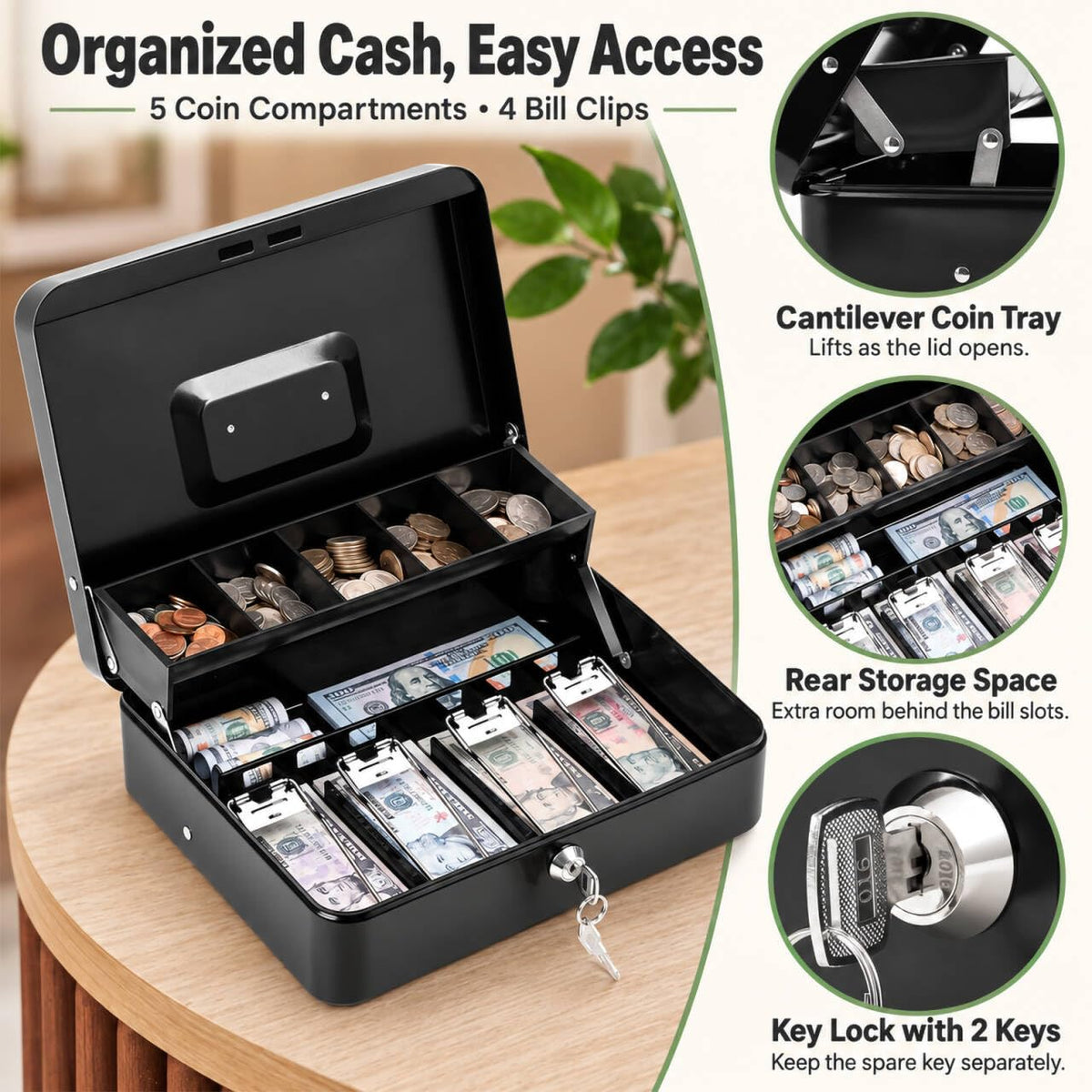 KYODOLED Cash Box with Money Tray and Key Lock, 1mm Thick Metal Cash Drawer