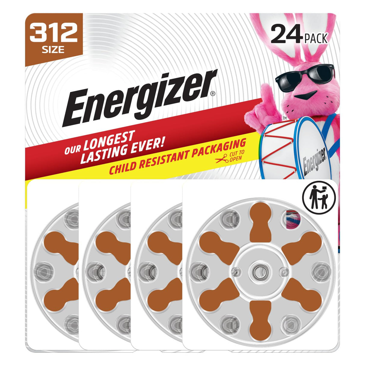 Energizer Hearing Aid Batteries Size 312, Brown Tab, 24 Pack