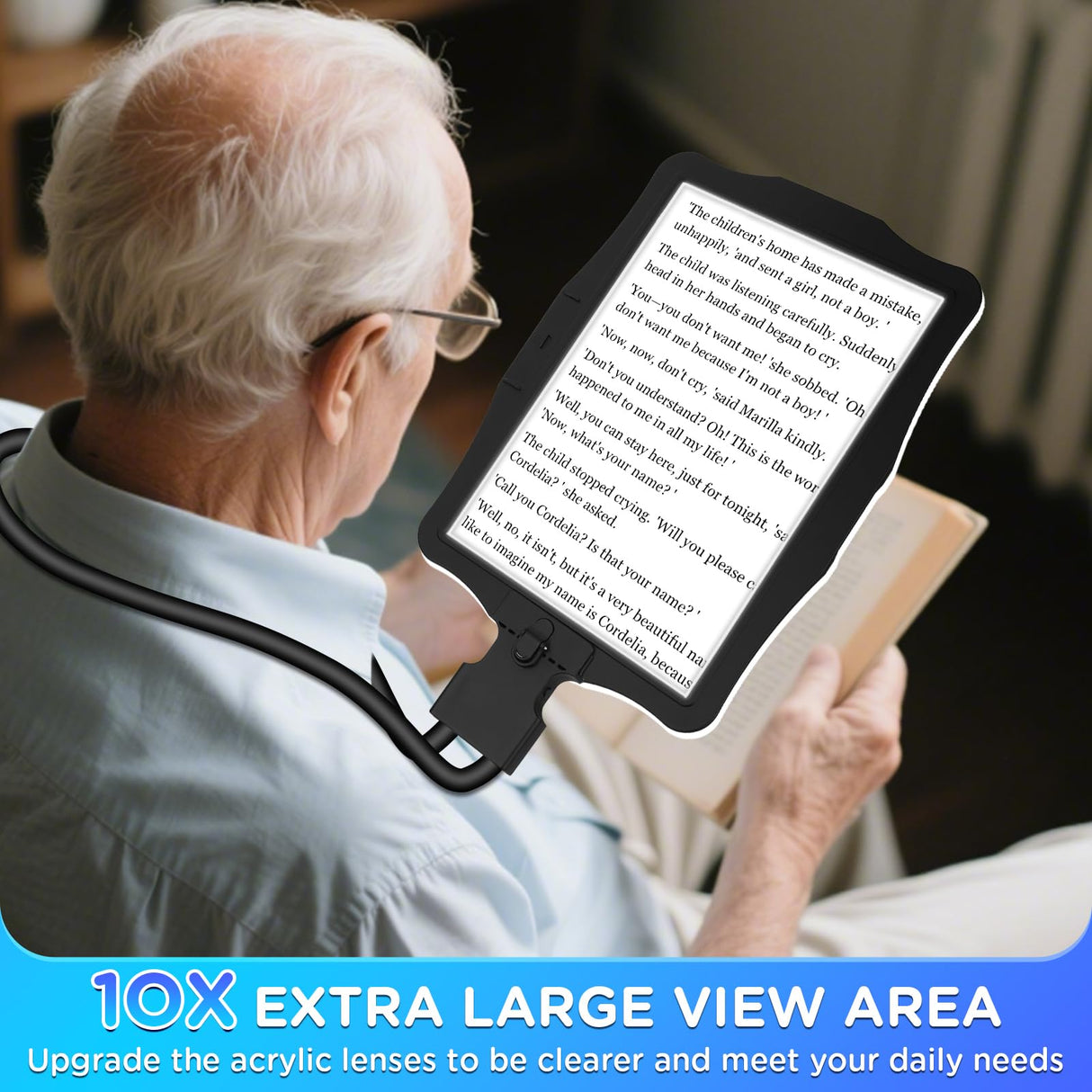 Large 10X Hands Free Magnifying Glass with Light for Reading Neck Wear Magnifier with Adjustable Brightness 50 Led Lights Flexible Gooseneck Full Book Page Magnifier for Seniors Low Vision Elderly