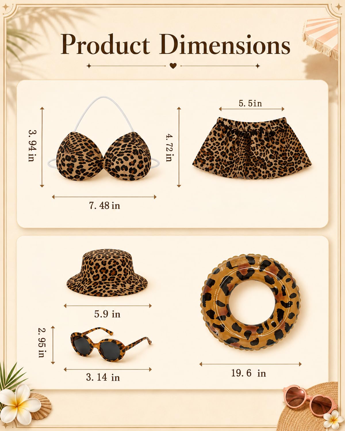 GSPIM Leopard Print Bikini Porch Goose Outfits for 23" Goose Statue Summer Beach Pool Lawn Patio Decor with Bikini Outfit Bucket Hat Sunglasses and Inflatable Swim Ring (Leopard Print Bikini)