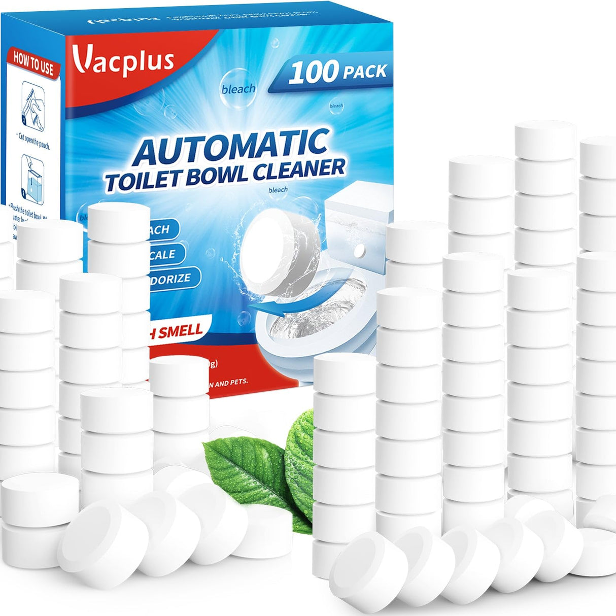 Vacplus Toilet Bowl Cleaner Tablets 100 PACK, Automatic Toilet Bowl Cleaners with Bleach for Deodorizing and Descaling, Bathroom Cleaner Against Tough Stains