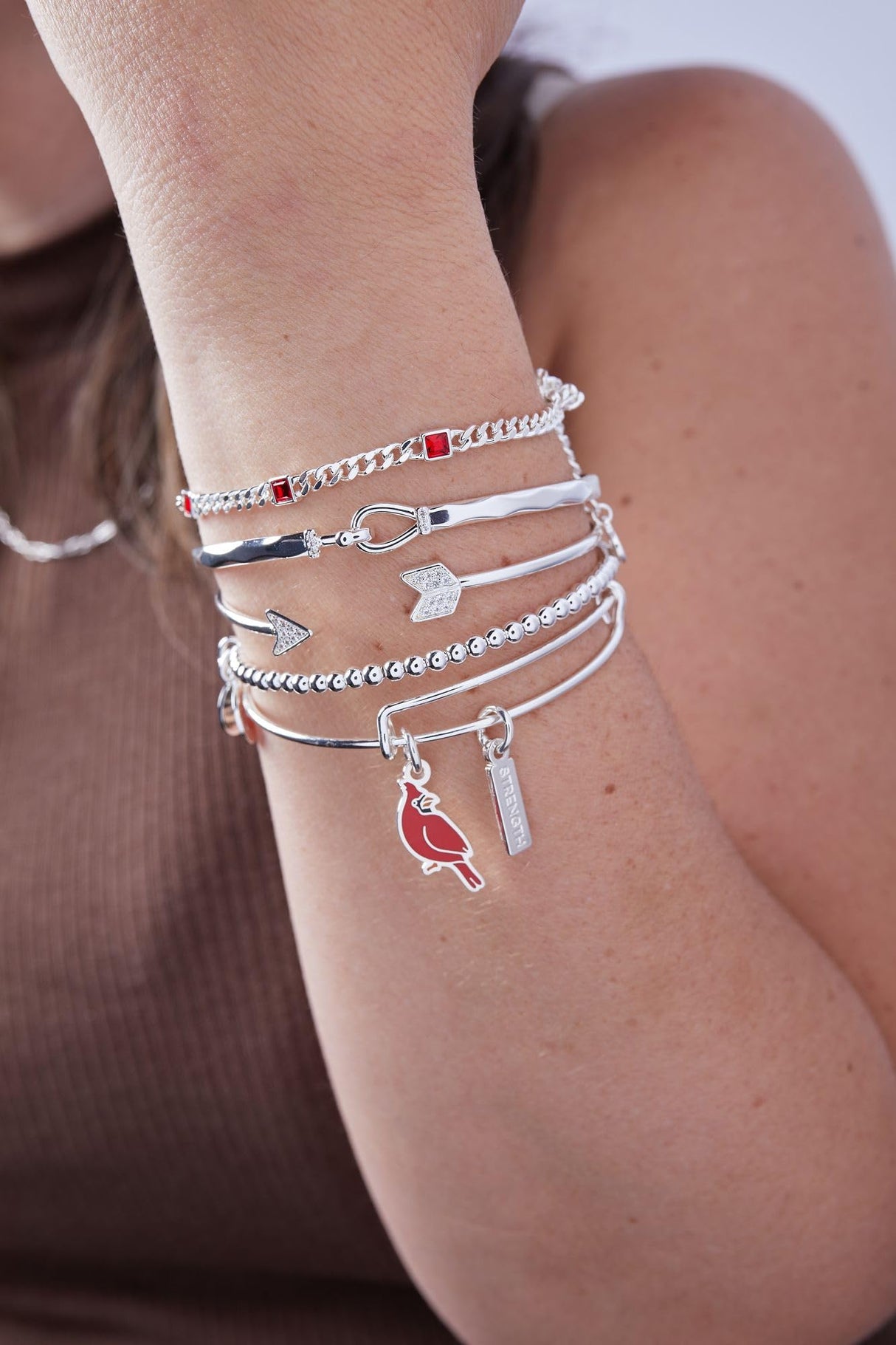 ALEX AND ANI 'Strength' Cardinal Duo Charm Bangle Bracelet - Red Cardinal Charm, Inspirational 'Strength' Accent, Nickel-Free, Cardinal Jewelry for Women (Shiny Silver)