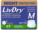 LivDry Adult M Incontinence Underwear, Overnight Comfort Absorbency, Leak Protection, Medium, 17-Pack