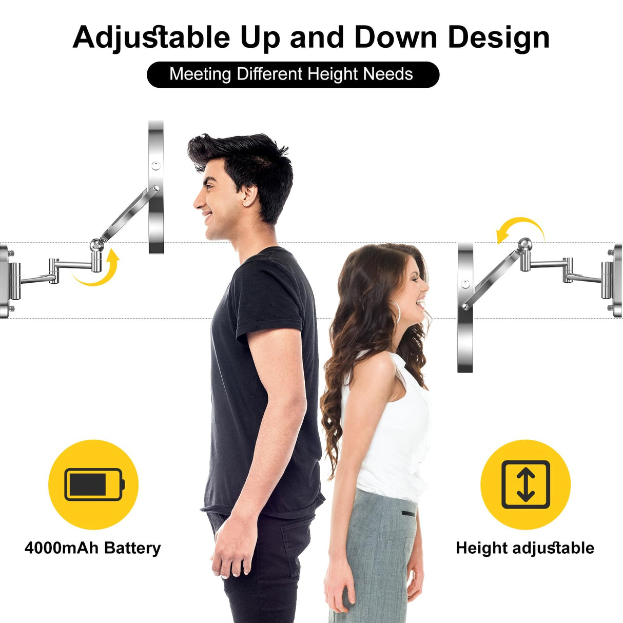 IMIKONA 9" Wall Mounted Lighted Makeup Mirror,4000mAh Rechargeable Double Sided 1X/10X Magnifying Mirror with Light,3 Color Lights,Touch Dimmable,Extended Arm 360 Rotation Wall Mounted Makeup Mirror