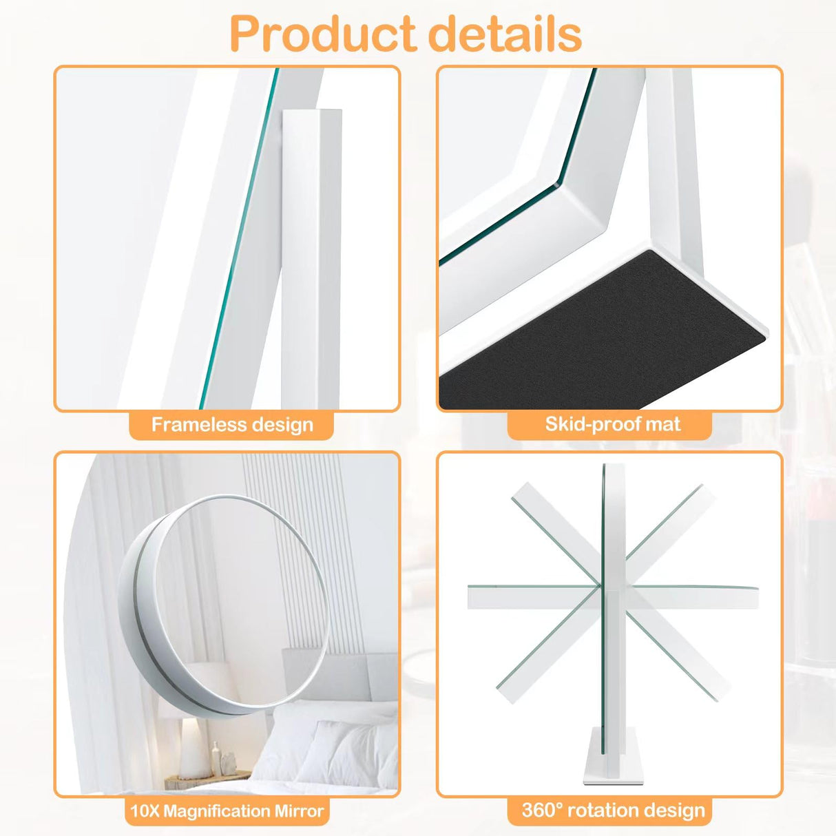 Gvnkvn Lighted Makeup Mirror, Hollywood Vanity Mirror with Lights, Three Color Lighting Modes, and Detachable 10X Magnification Mirror, Smart Touch Control, 360°Rotation (15.2in White)