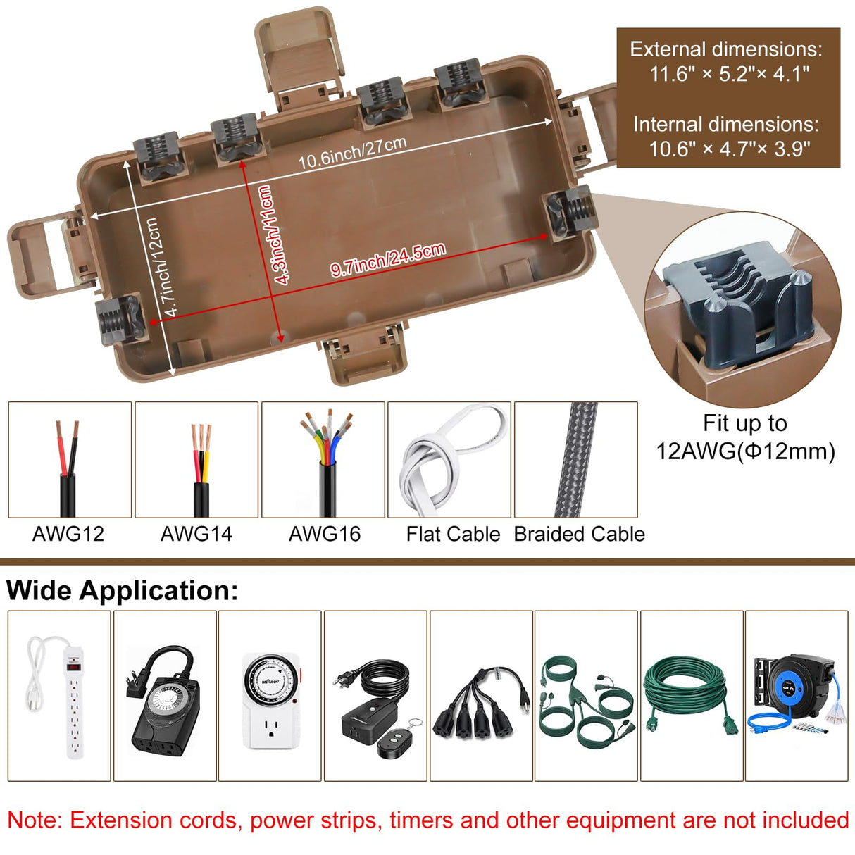 OUTDSPLY Medium Outdoor Electrical Box (11.6x5.2x4.1 inch), IP54 Waterproof Extension Cord Cover w/ 6 Cable Entry, Weatherproof Connection Box for Power Strip, Plug, Timer, Holiday Lights, Brown