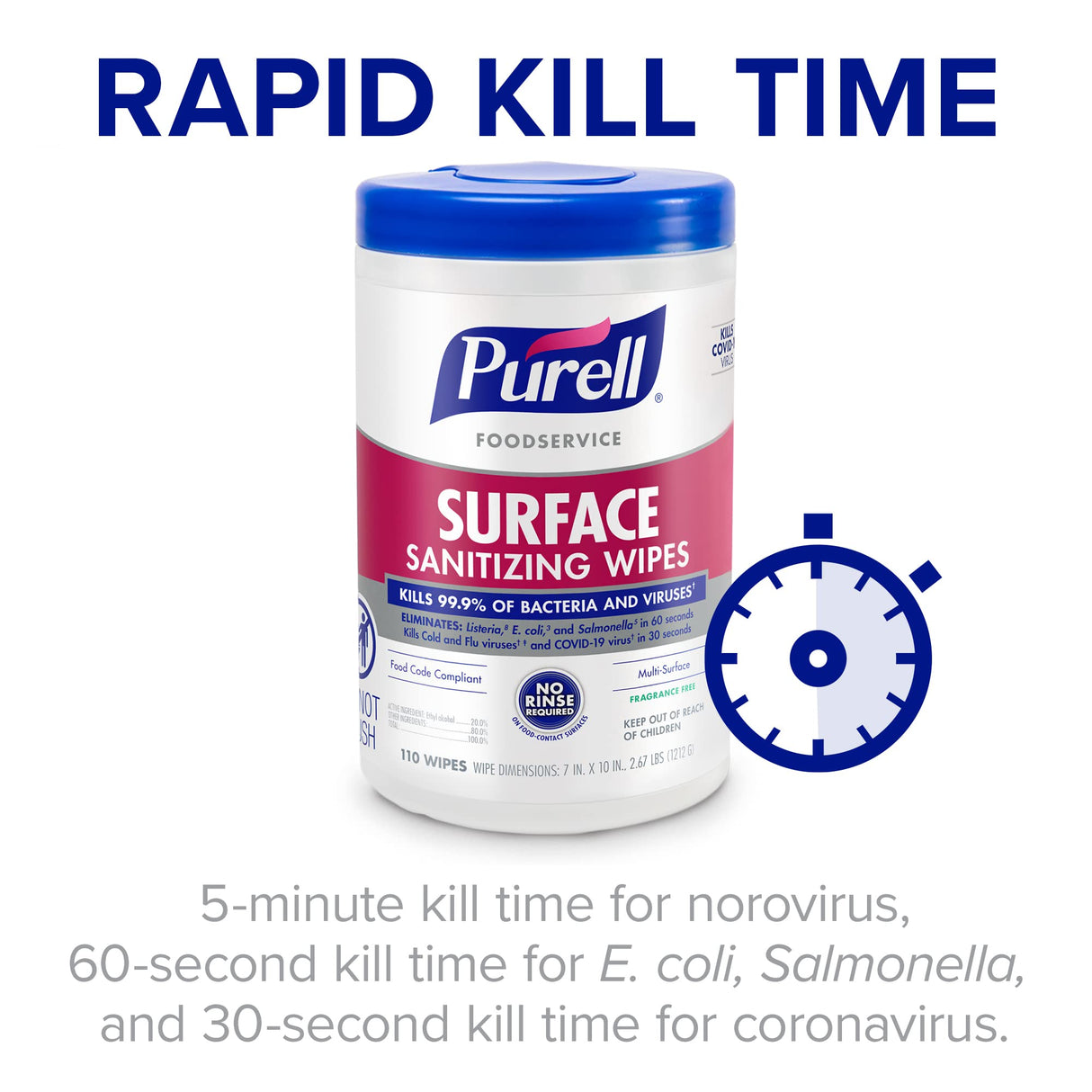 PURELL Foodservice Surface Sanitizing Wipes, Fragrance Free, 110 Count Canister, 7"x 10" Wipes (Pack of 6) - 9341-06