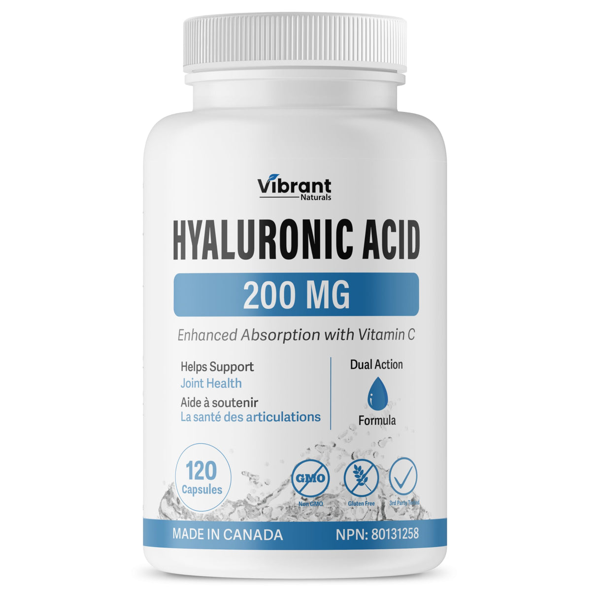 Vibrant Naturals Hyaluronic Acid Supplement 200mg - 120 Capsules, with Vitamin C 100mg, Joint & Skin Health, Non-GMO Fermentation, Gluten Free, Third Party Tested, Bioavailable Formula