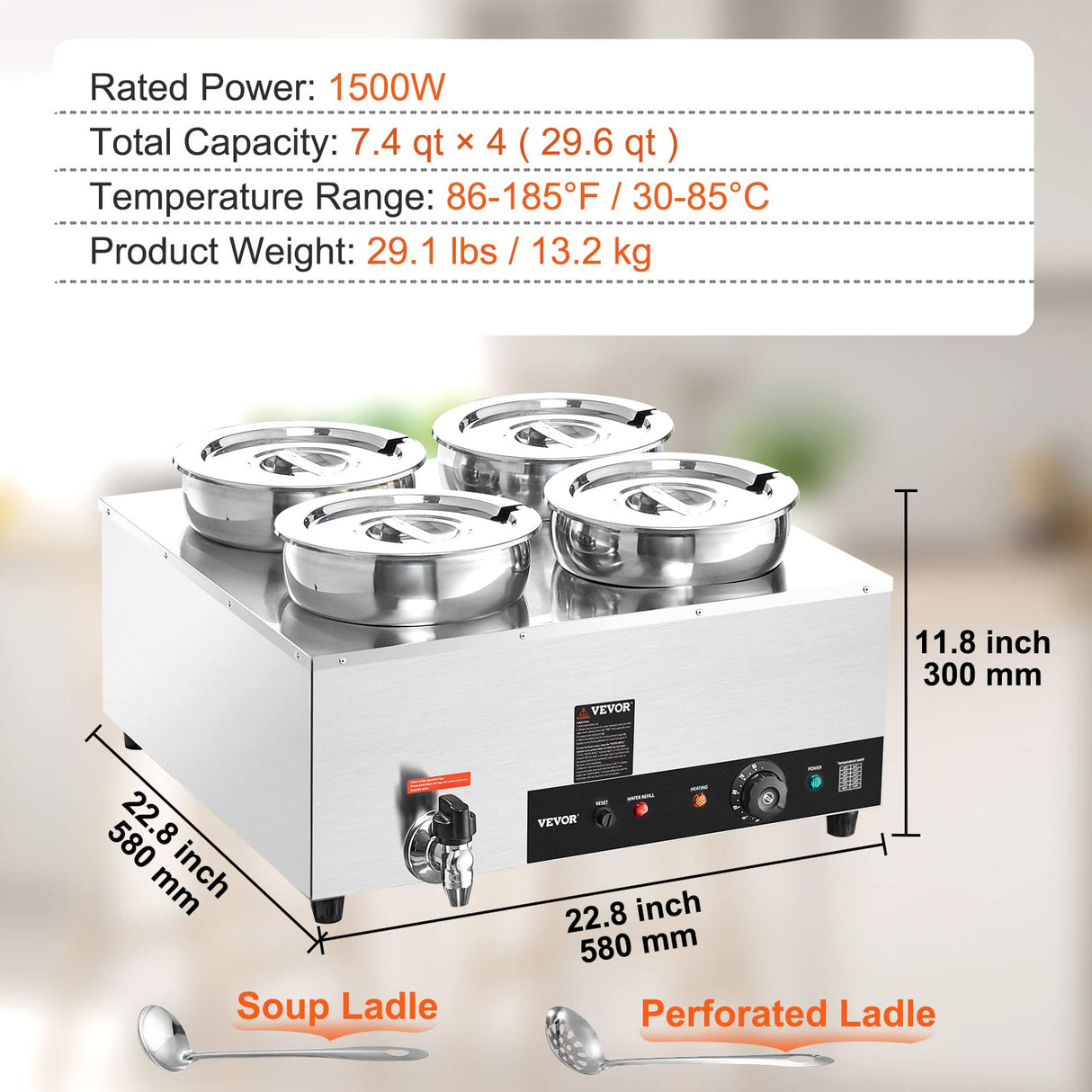VEVOR Electric Soup Warmer, Four 7.4QT Stainless Steel Round Pot 86~185°F Adjustable Temp, 1500W Commercial Bain Marie with Anti-Dry Burn and Reset Button, Soup Station for Restaurant, Buffet, Silver
