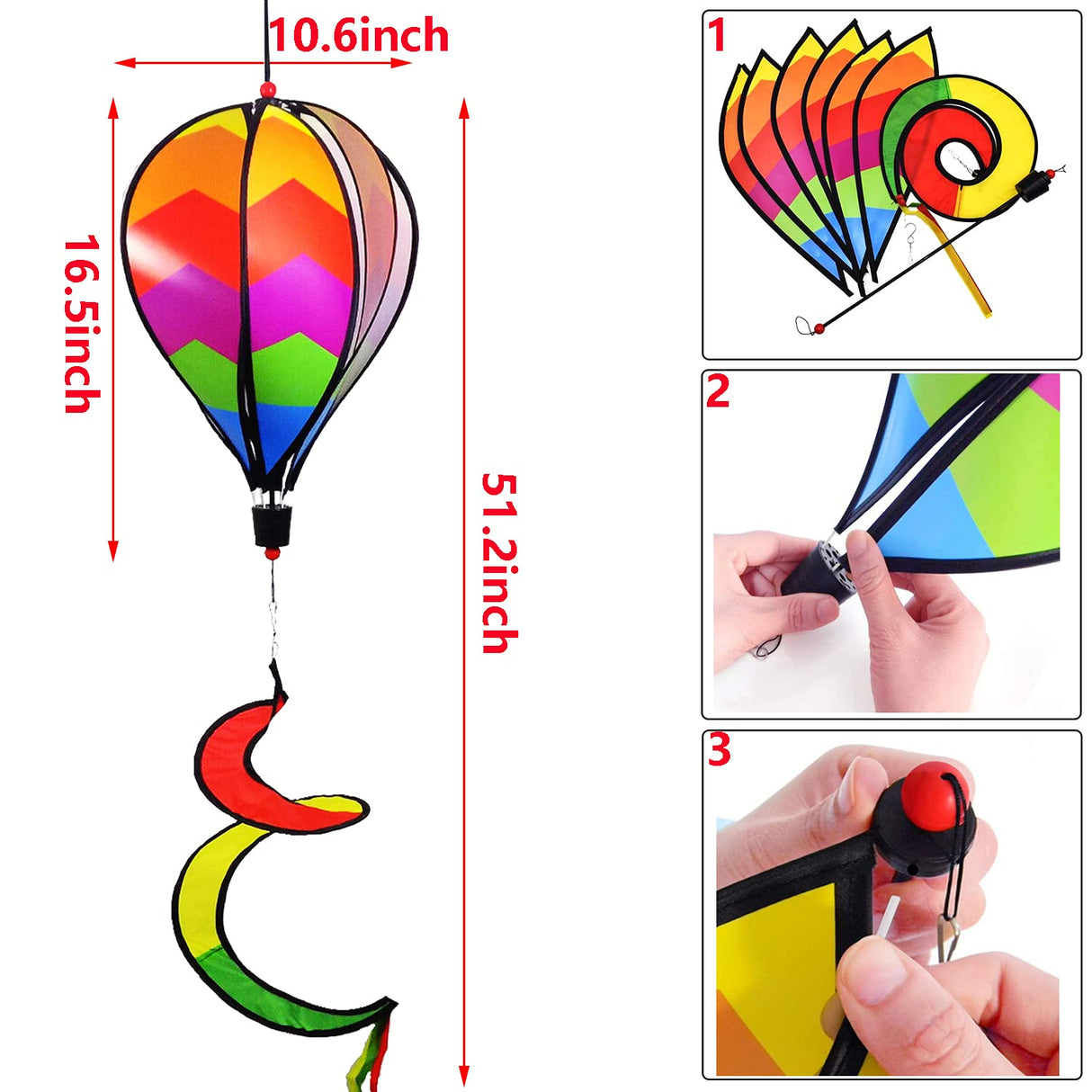 timecity 3pcs Hot Air Balloon Wind Spinner Rainbow Garden Pinwheels Whirligigs Wind Spinner Windmill Striped Rainbow Windsock Rotating Sequins Windmill Wind Twister Hanging Decor