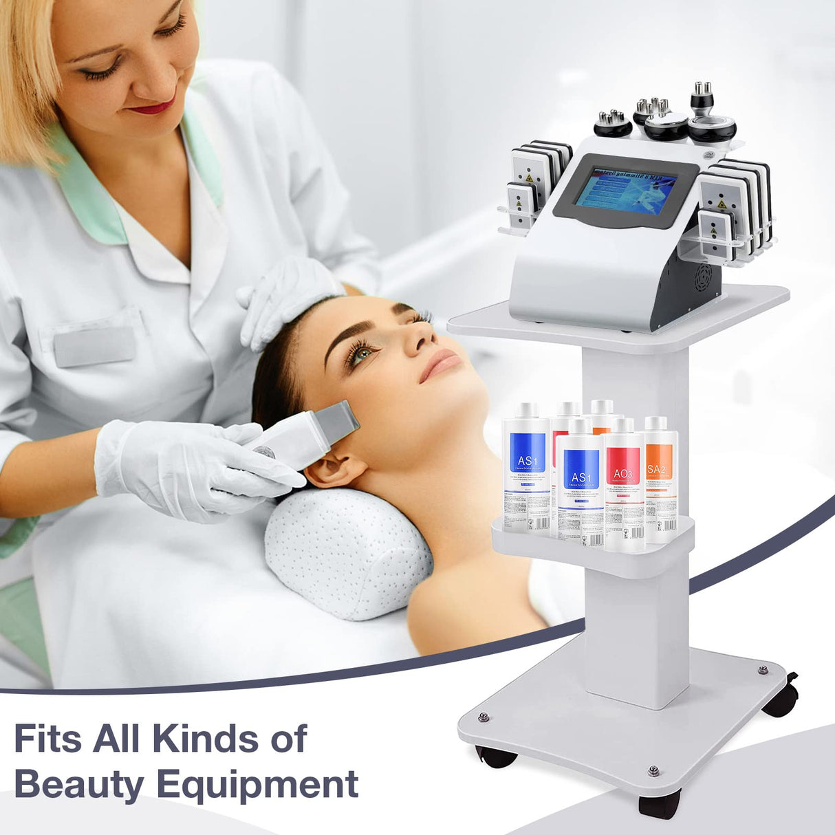 Esthetician Trolley Cart with Wheels, Aluminum Salon Spa Beauty Machine Trolley Stand, Load 135Lbs, 3 Tier Beautician Rolling Cart Esthetician Machine Mobile Handcart for Beauty Instrument Storage