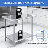 OSTBA Stainless Steel Table for Prep & Work 24x36 Inches, NSF Metal Commercial Heavy Duty Table with Adjustable Undershelf and Adjustable Foot for Restaurant Kitchen Home and Hotel