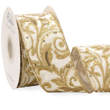 Ribbli Ivory Luxe Velvet Wired Ribbon with Embroidery Design 2.5 Inch Christmas Ribbon for Gift Wrapping Christmas Tree Decoration Crafts Wreaths Supplies-Continuous 5 Yards