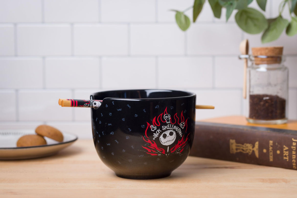 Silver Buffalo Disney Nightmare Before Christmas Jack Skellington Ceramic Ramen Noodle Rice Bowl with Chopsticks, Microwave Safe, 20 Ounces