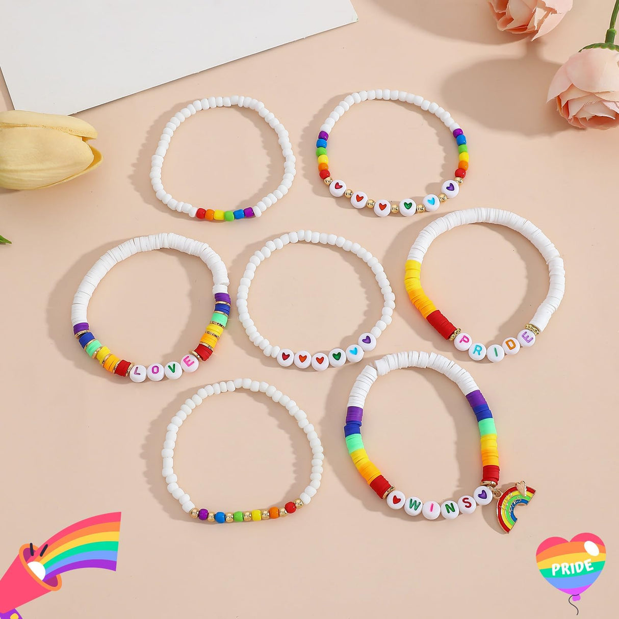 Artlunar LGBT Pride Bracelet for Bisexual Lesbian Gay& Allies Pride Love Wins Rainbow Colorful Beaded Clay Elastic Stackable Stretch Bracelet LGBTQ Celebration Gifts