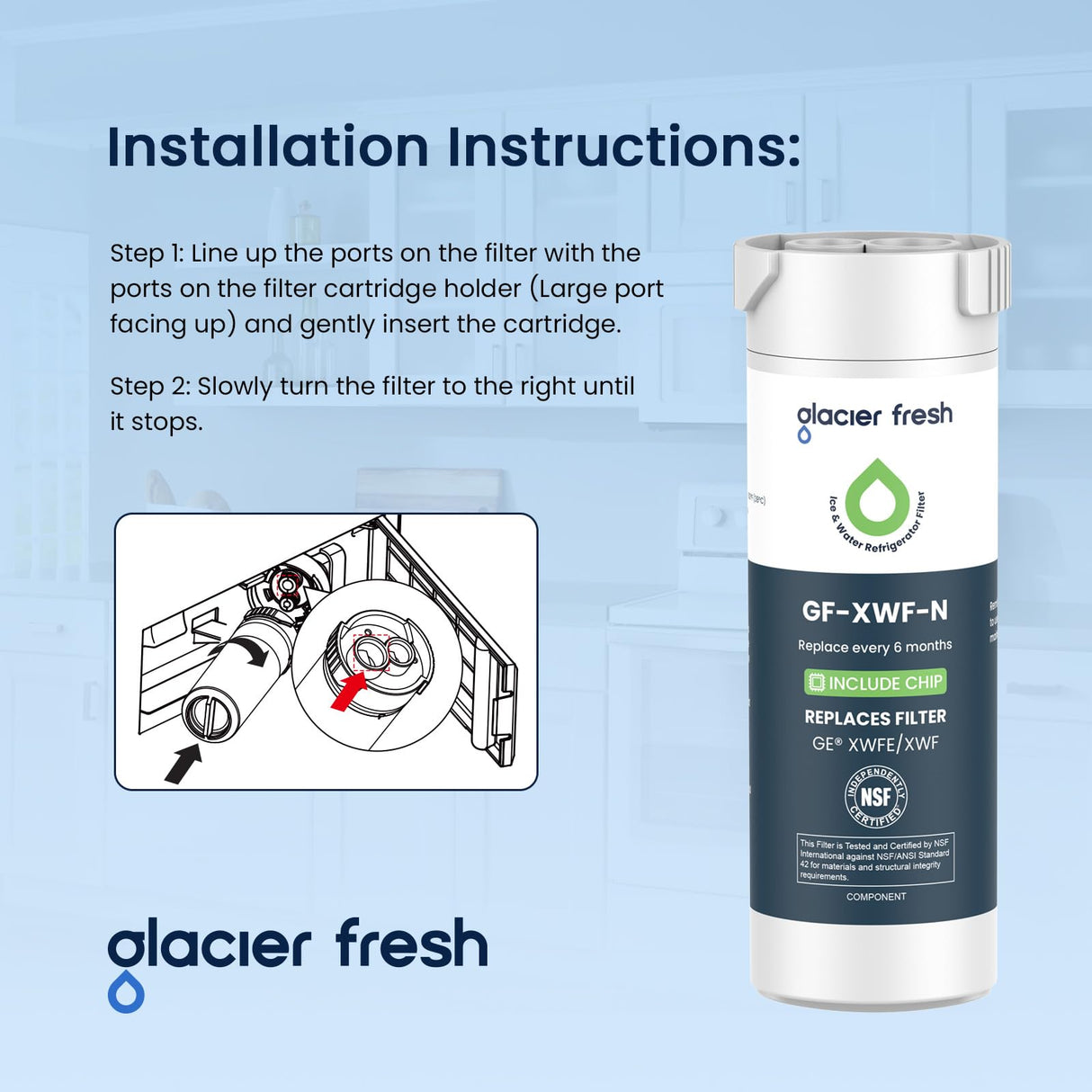 GLACIER FRESH Water Filter Compatible with XWFE (Built-in CHIP), Replacement for GE XWFE, XWF Refrigerator Water Filter NSF/ANSI 42 Certification Pack of 1