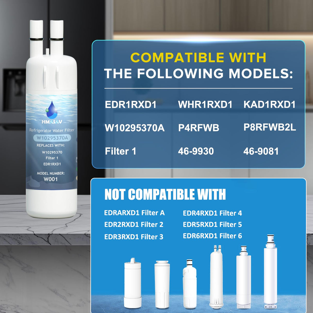 HMASAV W10295370A Water Filter Replacement, Compatible with Whirlpool EDR1RXD1, Everydrop Filter 1, EDR1RXD1B, W10295370, WHR1RXD1, KAD1RXD1, P4RFKB2, P8RFWB2L, 46-9930, 46-9081 3PACK