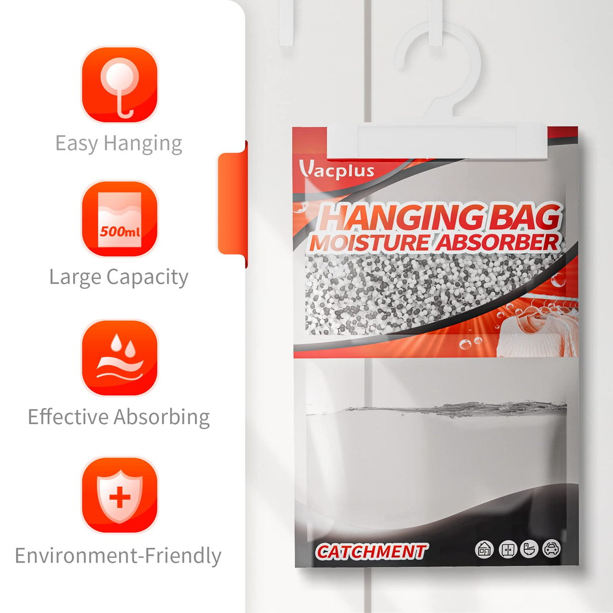 Vacplus Moisture Absorbers, Hanging Closet Dehumidifier Bags, Humidity Packs, Desiccant, Closet Dehumidifiers with Activated Charcoal, 10 Pack, 9.8 OZ