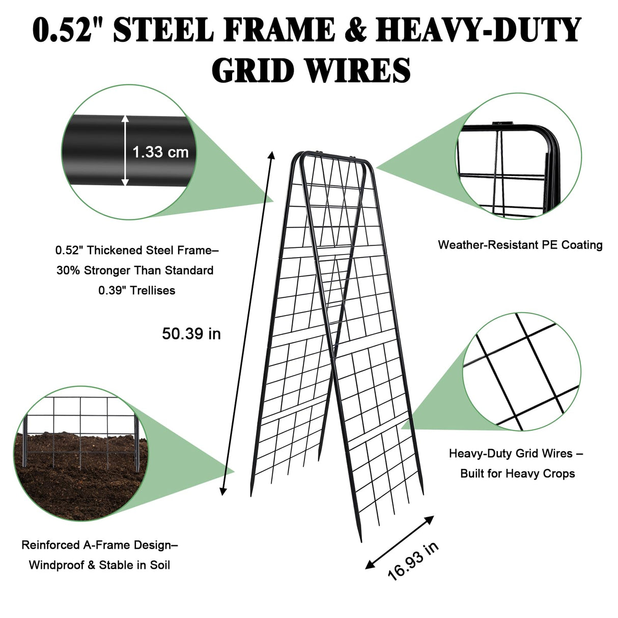 Perszen 50.39"x16.93" Sturdy Cucumber Trellis for Raised Garden Bed, Rustproof Metal Garden Trellis for Climbing Plants Outdoor, A-Frame Vertical Arch Trellis for Vegetables, Cucumber, Pea, Black