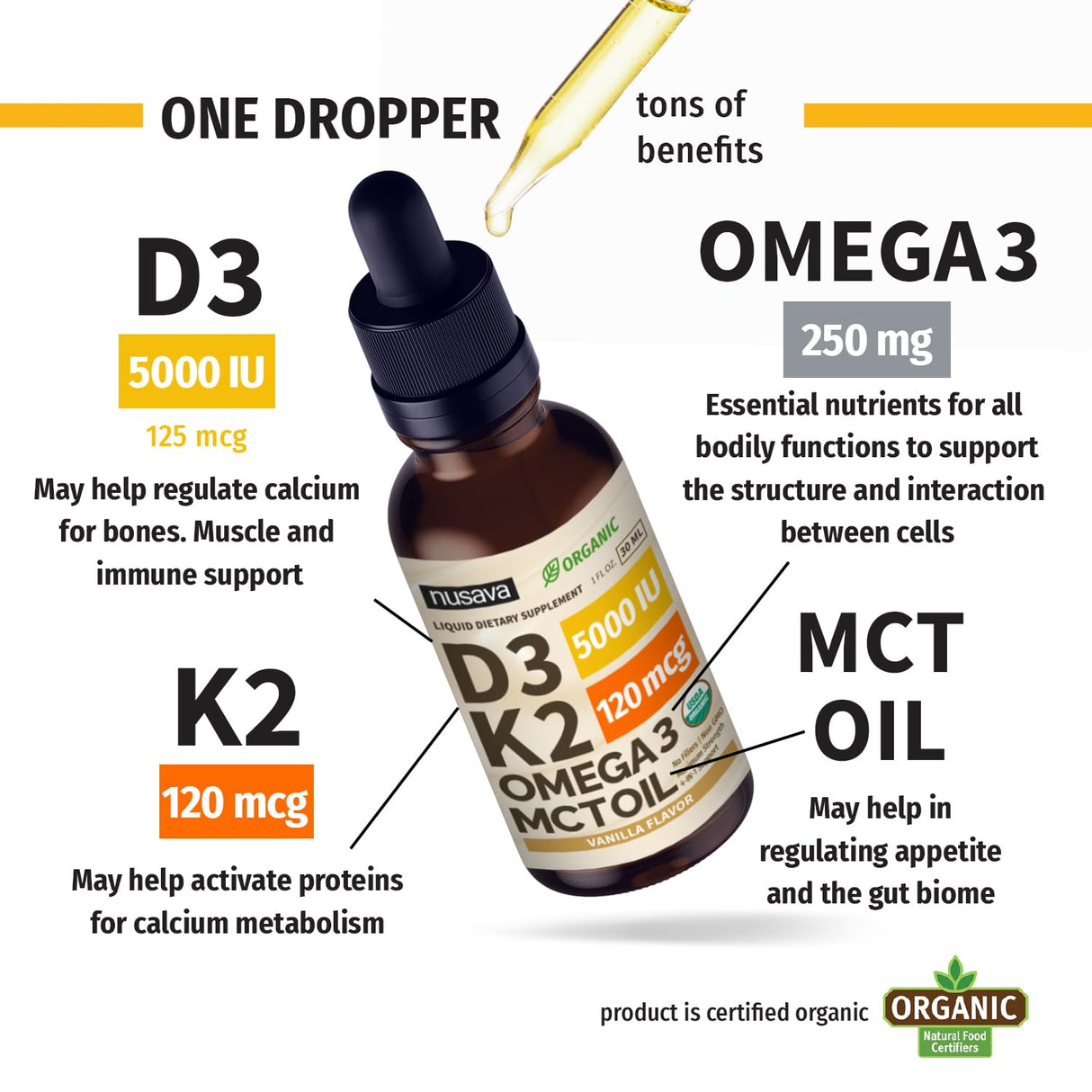 (4 Pack) Organic Vitamin D3 K2 Drops with MCT Oil Omega 3, 5000 IU, Maximum Strength Vitamin D Liquid - No Fillers, Non-GMO Liquid D3 for Faster Absorption & Immune Support (Vanilla, 4 Fl Oz)
