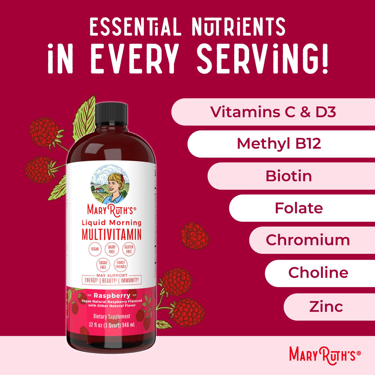 Multivitamin for Women, Men & Kids by MaryRuth's | Liquid Morning Multivitamin | Mens, Womens Vitamins | Vitamin A C D E B6 B12 Biotin Zinc | Beauty | Vegan | Non-GMO | Gluten Free | 32 Servings