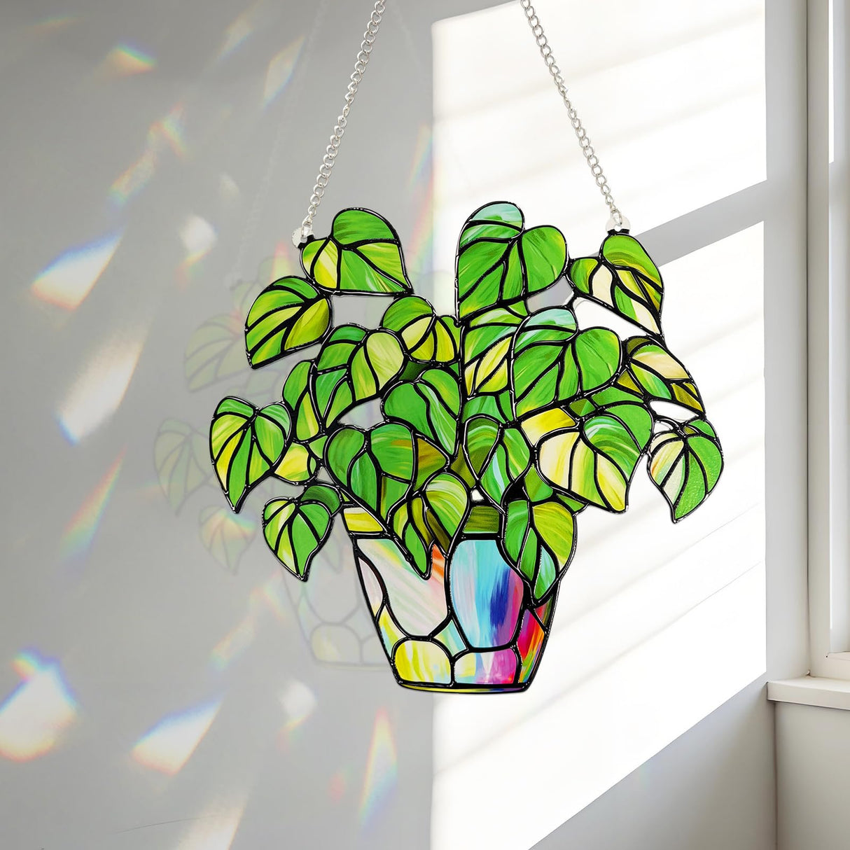 Stained Glass Plant Suncatcher Window Hanging, Marzovitra 10 Inch Real Glass Potted Green Leaves Sun Catcher with Chain Botanical Sun Catcher Window Decor for Home Garden, Plant Lover Gift