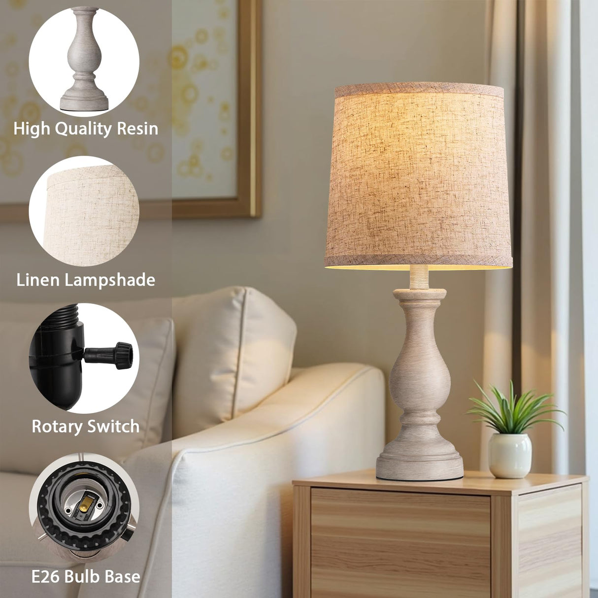 Seealle Farmhouse Table Lamps Set of 2 - Rustic Bedroom Lamps for Living Room, 22" Boho Bedside Lamp for Night Stands End Table Office Desk Lamp Nightstand Clearance Decorating with Linen Shades