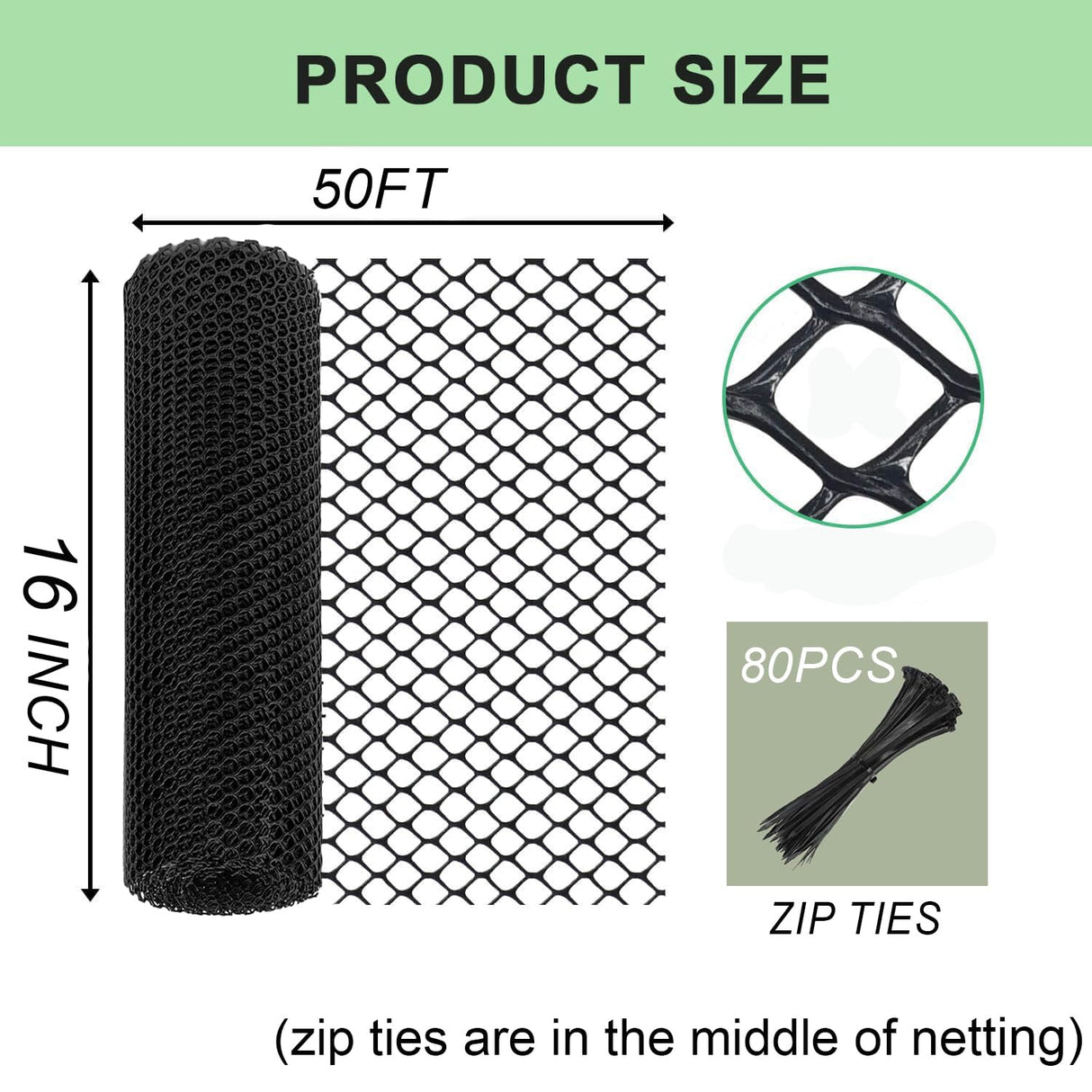 Plastic Wire Mesh Fence Roll 16 in x 50FT Plastic Chicken Mesh with 80 Pcs Zip Ties Balcony Garden Netting Fencing Barrier for Dogs, Poultry, Puppy, Garden Snake Barrier