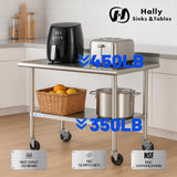 Hally Stainless Steel Table for Prep & Work 24 x 36 Inches with Caster Wheels, NSF Commercial Heavy Duty Table with Undershelf and Backsplash for Restaurant, Home and Hotel
