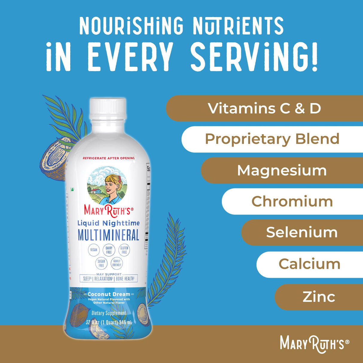 MaryRuth Organics Liquid Nighttime Multimineral | No Melatonin | Bedtime Routine | Magnesium Citrate | Calcium | Zinc | Vitamin D3| Available in 4 Flavors - Vegan | Sugar Free | Gluten Free | 32 Oz