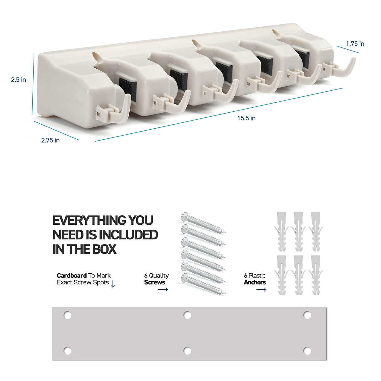 HOME IT Mop And Broom Holder Wall Mount - Garage Storage Systems with 5 Slots, 6 Hooks, 7.5lbs Capacity Per Slot - Garden Tool Organizer For Home, Kitchen, Closet, Garage, Laundry Room - Off-White