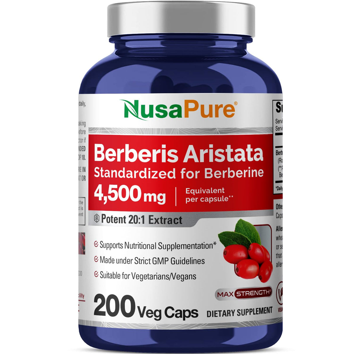NusaPure Berberine HCI 20:1 Extract, 220 mg Equivalent to 4,500mg - 200 Veggie Caps - (Vegetarian, Non-GMO, Vegan)