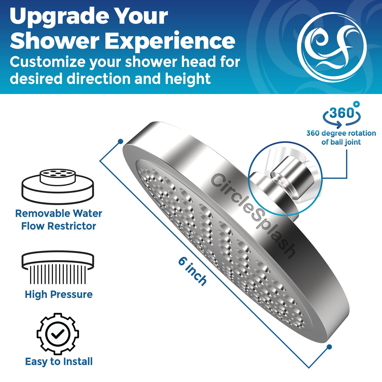 High Pressure Shower Head - Anti-Clogging Silicone Nozzles - 2.5 GPM Removable Restrictor - Easy to Clean Adjustable Replacement - easy to install with Plumbers Tape - 6 inch - Classic Chrome Finish