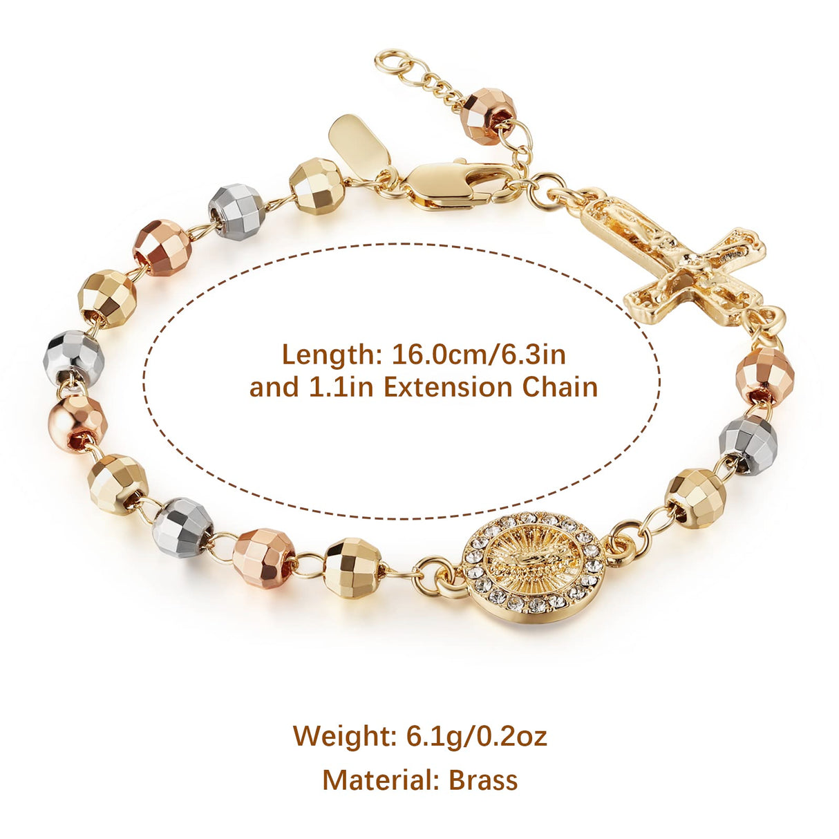 HZMAN Brass Virgin Mary Cross Rosary Bead Bracelet for Women