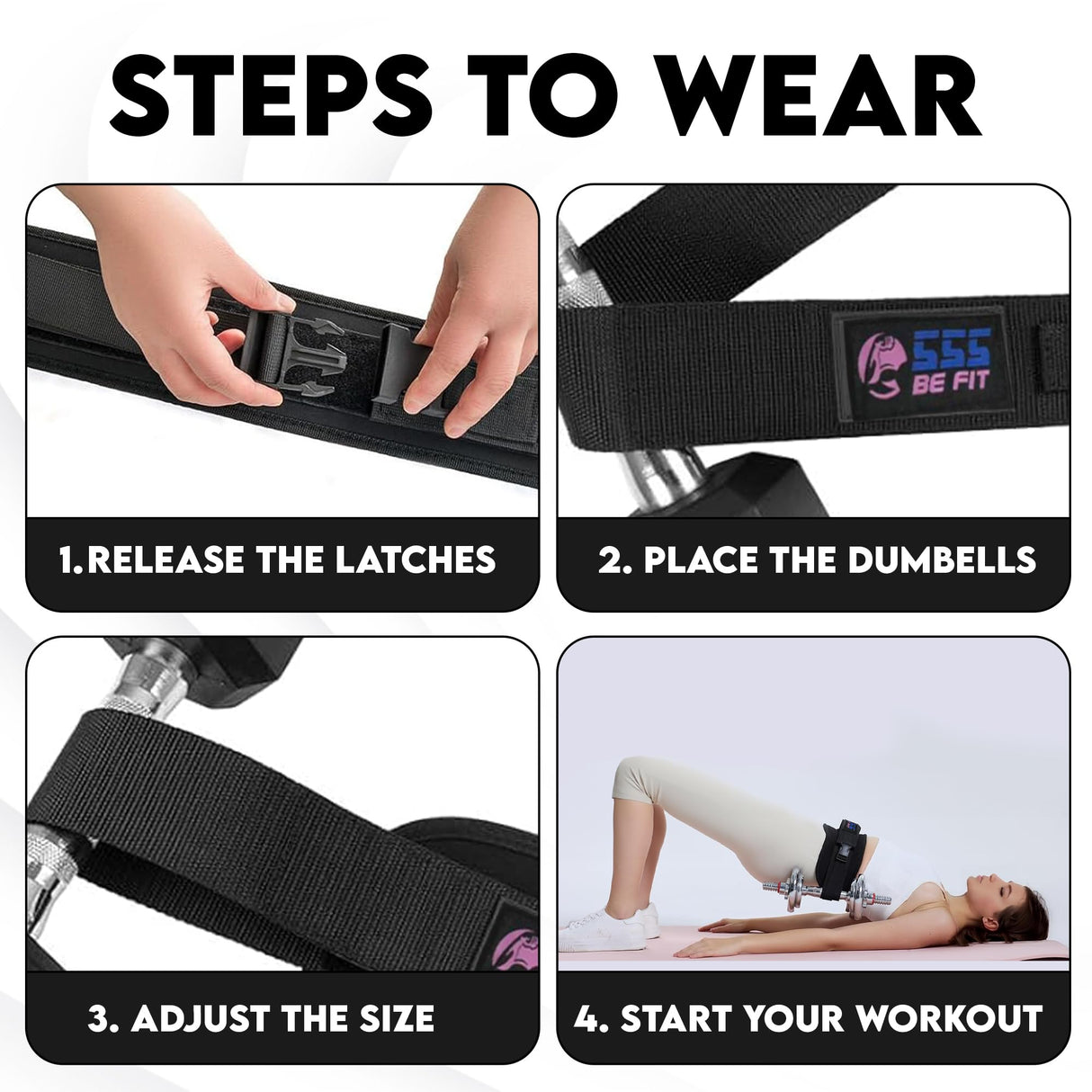 555 BE FIT - Exercise Hip Thrust Belt - Free Resistance Bands Set – for Dumbbells, Kettlebells, and Plates – Slip-Resistant Padding for Hip Protection – Perfect for Gym, Home, and On-The-Go Workouts