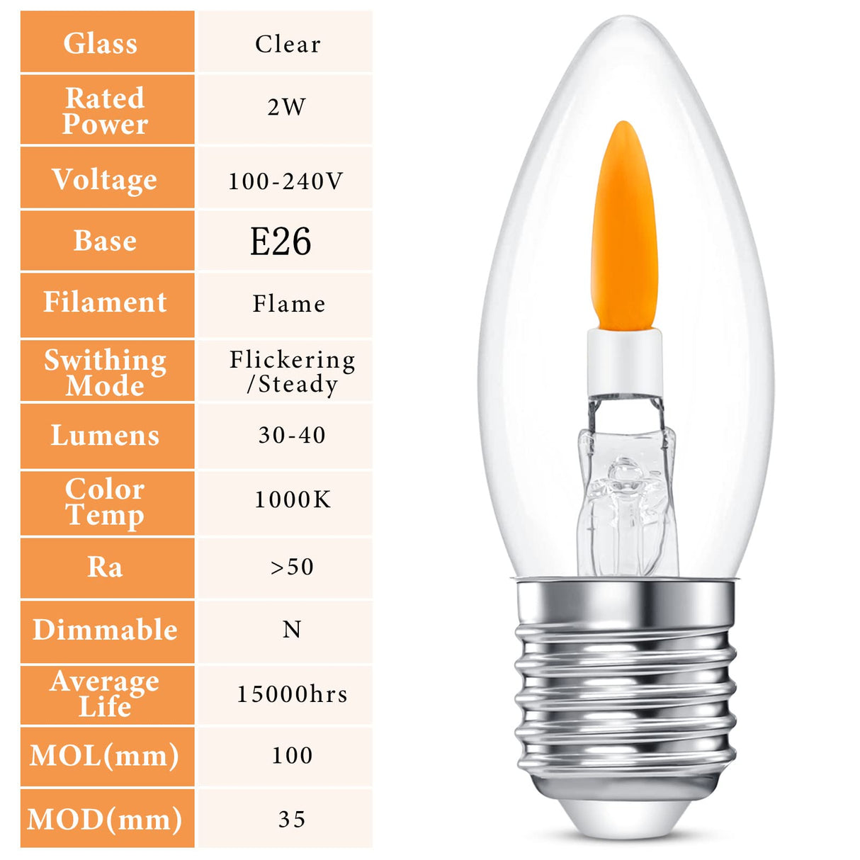 C35E26 Flame Bulbs 6-Pack - Standard Medium Base (E26, Not Candelabra E12), 2 Mode Flickering LED 1800K, Non-Dimmable for Halloween/Christmas Porch & Home Decor