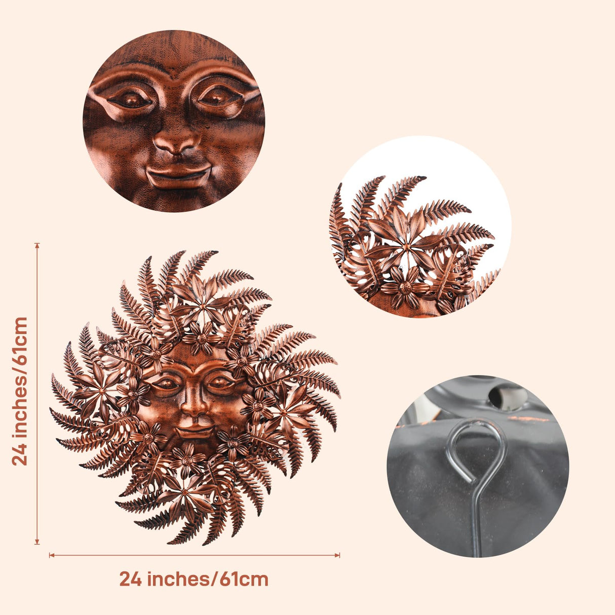 dreamskip Copper Metal Sun Outdoor Wall Decor, 24" Large Sun Flower Garden Wall Art, 3D Sun Wall Decor for Patio Fence Yard Decoration Gift for Mom Women