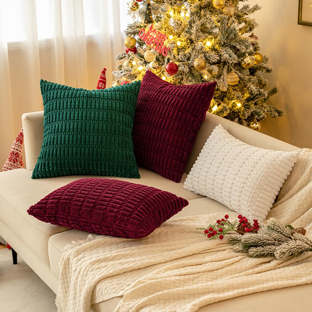 MIULEE Pack of 2 Christmas Burgundy Corduroy Decorative Pillow Covers 20x20 Inch Soft Boho Striped Throw Pillow Covers Modern Farmhouse Home Decor for Sofa Living Room Couch Bed