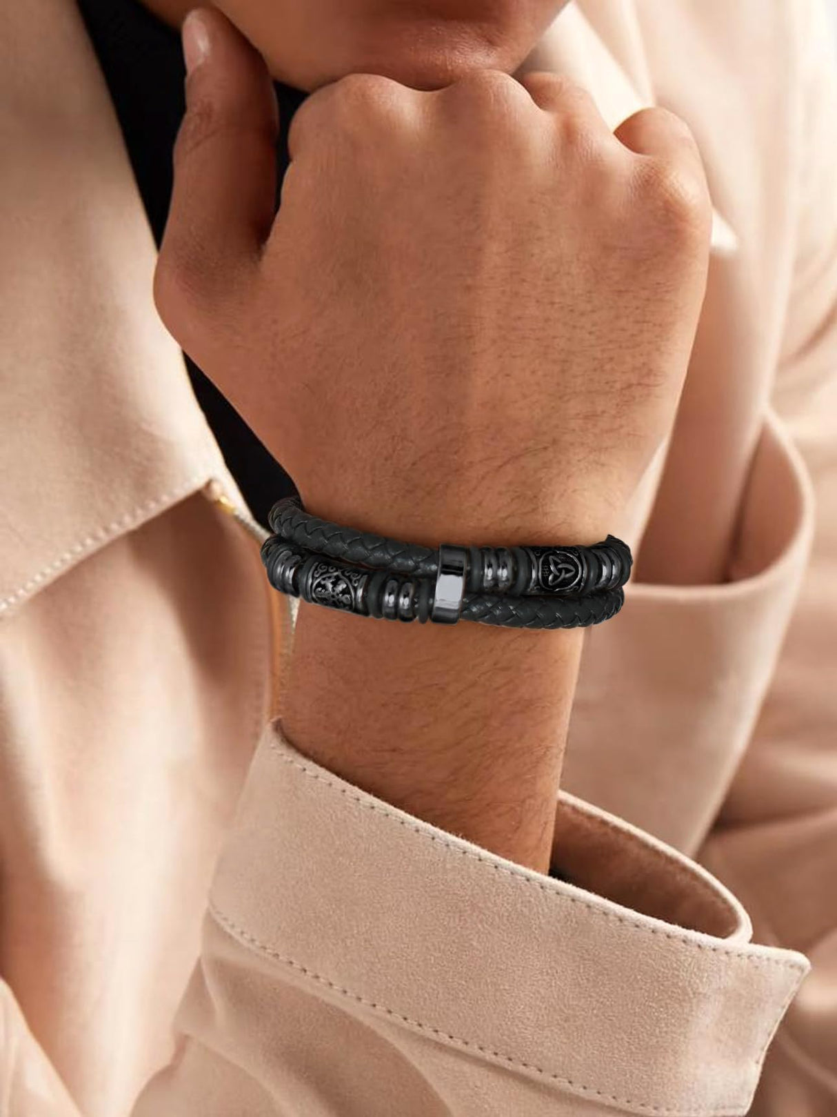 Bestyle Lucky Viking Celtic Bracelet Black Bracelet for Men Double Layer Black Leather Cuff Bracelet, Fashion Punk Retro Men Wristband Leather Bracelet Great Gift for Father Husband, 21cm/8.3 Inch
