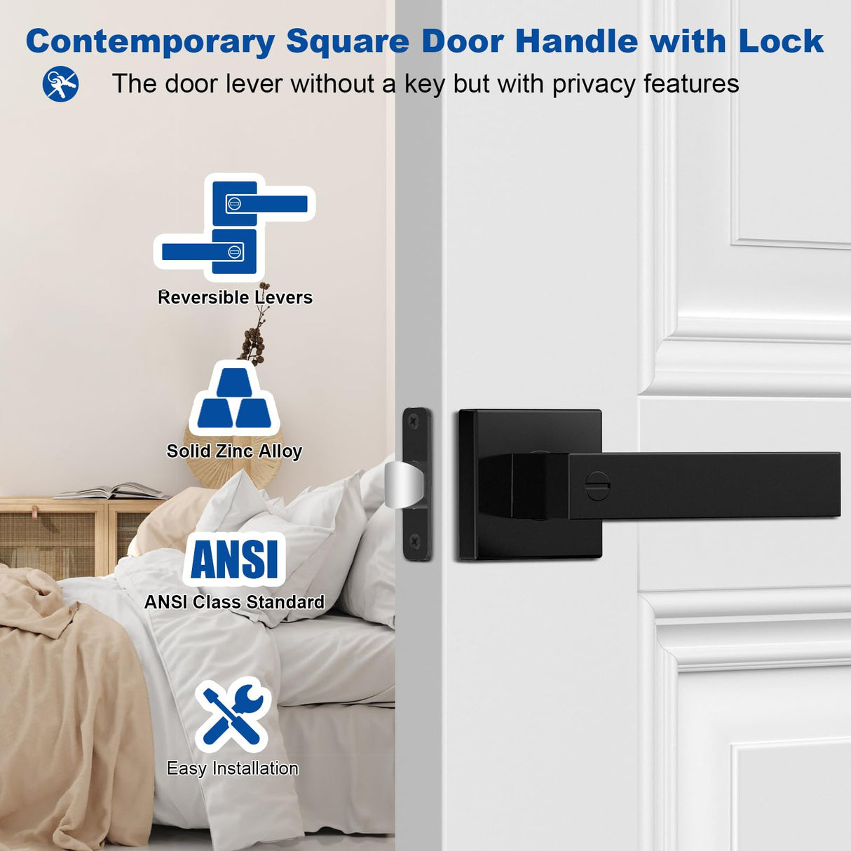 Estmoon 8 Pack Door Handles Black Interior Door Knobs, Keyless Privacy Door Levers with Lock Heavy Duty Door Handle for Bedroom Bathroom
