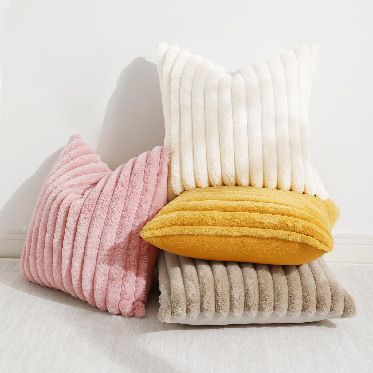 decorUhome Faux Fur Christmas Throw Pillow Covers 22x22 Set of 2, Decorative Soft Plush Striped Neutral Couch Euro Pillow Covers with Velvet Back for Sofa, Bed, Living Room Home Decor, Cream White
