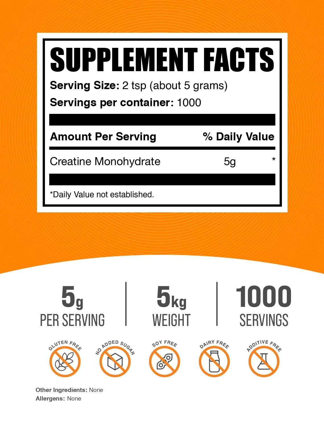 BulkSupplements.com Creatine Monohydrate Powder - Creatine Supplement, Micronized Creatine, Creatine Powder - Unflavored & Gluten Free, 5g (5000mg) per Servings, 5kg (11 lbs) (Pack of 5)