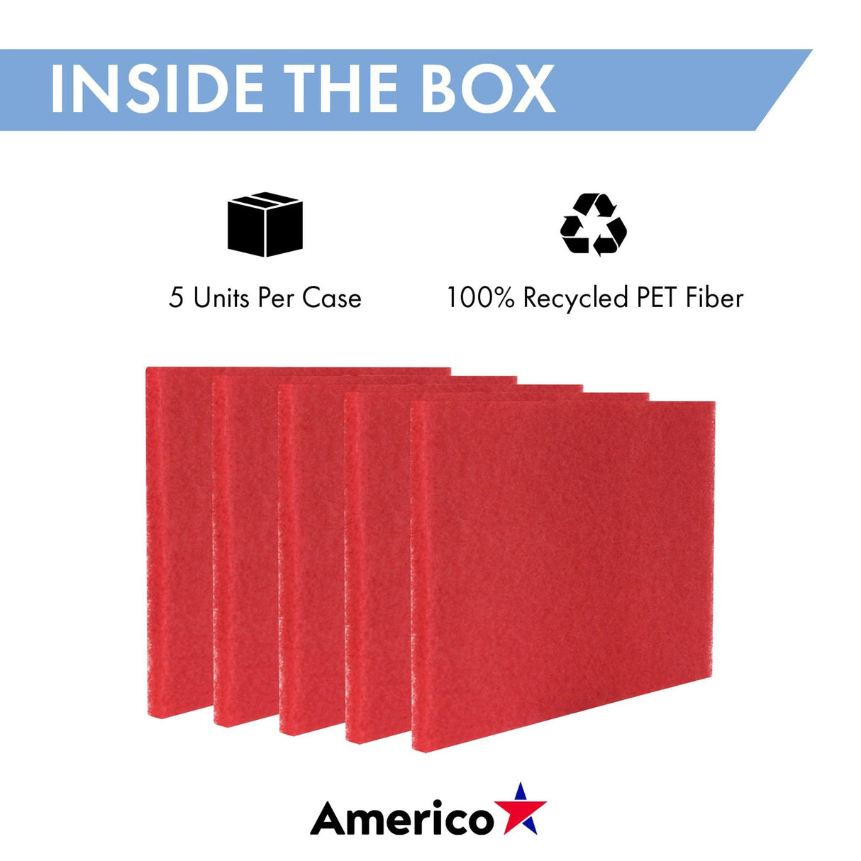 Americo Red Buffer Floor Pad, for Light Cleaning and Buffing, 14"x20", 5 Pads/Case, Made of 100% Recycled Content, USA Made