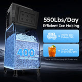 Commercial Ice Machine 550 LBS/24H, Commercial Ice Maker with 400 LBS Storage Bin, Ice Cubes Ready in 5-15 min, Freestanding Ice Maker Machine, Self-Cleaning, Thicknesses Adjustable, Stainless Steel