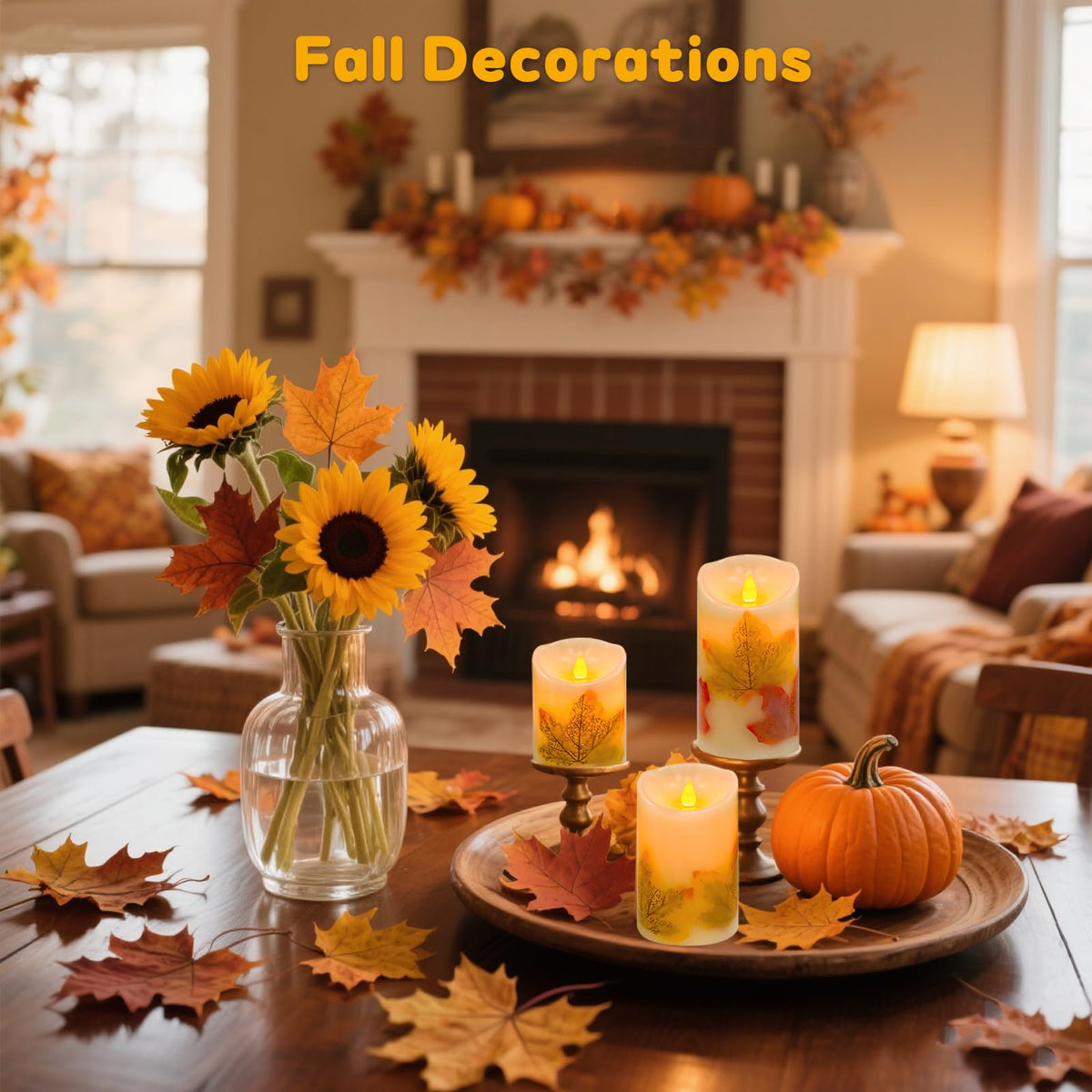 Maple Leaf Flameless Candles Set of 3, Fall Candles with Remote & Timer
