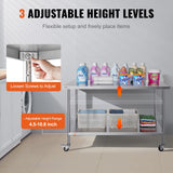 VEVOR Stainless Steel Work Table 30 x 60 x 38 Inch, with 4 Wheels, 3 Adjustable Height Levels, Heavy Duty Food Prep Worktable for Commercial Kitchen Restaurant, Silver