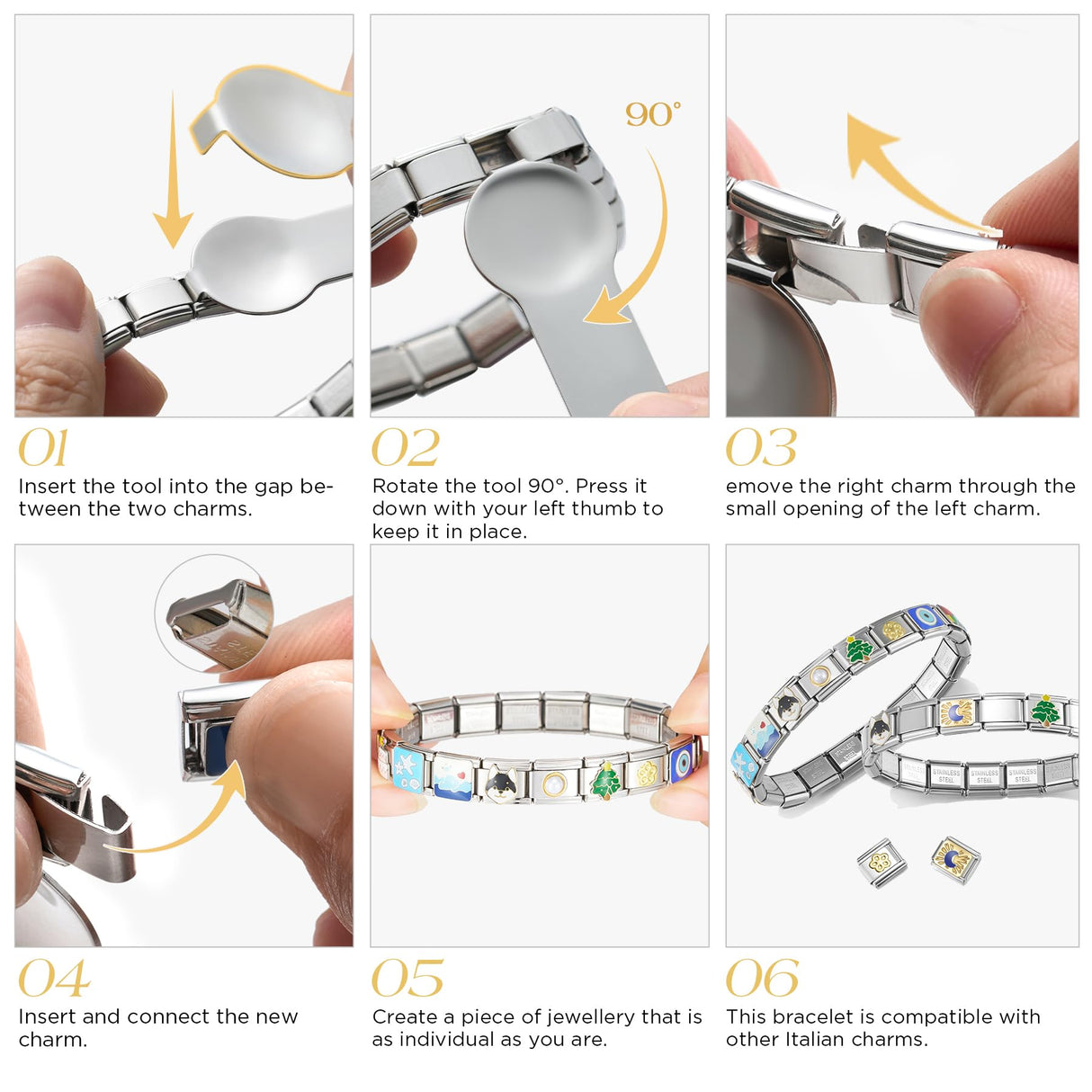 Stainless Steel Italian Charm Bracelet, 18 Link Starter Bracelet 9mm Charms
